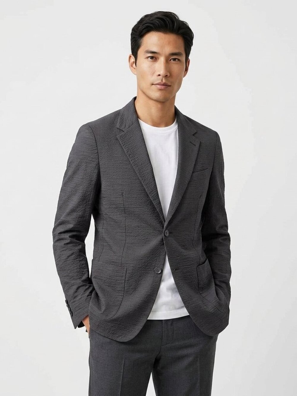 PRADA Textured Cotton Suit Blazer Charcoal Gray 52L